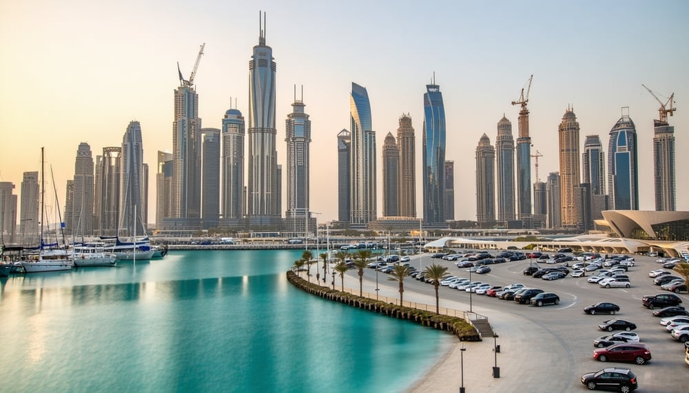 Dubai skyline with famous landmarks and luxury vehicles Dubai skyline with famous landmarks and luxury vehicles